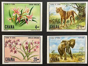 GHANA FAUNA & FLORA IMPERF STAMP SET 4V 1970 MNH WILDLIFE LION ELEPHANT FLOWERS