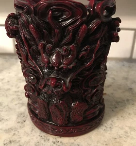 Vtg Chinese Carved Red Resin Zodiac Dragon Vase Cup Feng Shiite Very Details - Picture 1 of 12