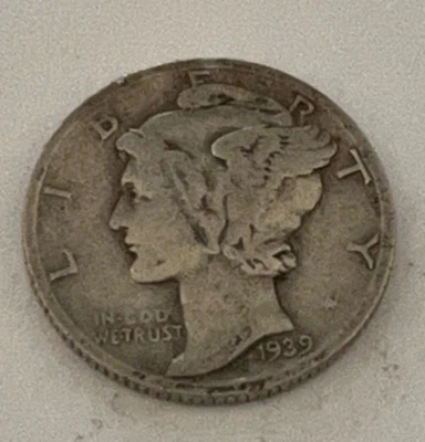 1939 D Mercury Dime V/G 90% Silver 10c US Coin Collectible - Image 1 of 2