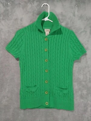 LL Bean Sweater Womens Medium Green Short Sleeves Button Up Cardigan Cable Knit - Image 1 of 4