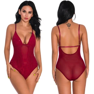 Sexy Womens Lingerie Lace Bodysuit One-piece Sleepwear Babydoll V-neck Nightwear - Picture 1 of 6