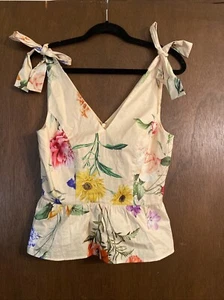 Express gelbes geblümtes ärmelloses Top Boho Baumwolle Bindebänder Gr. XS - Bild 1 von 8