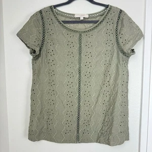 Loft Eyelet Kurzarm Shirt Gr. Large olivgrün Bluse U-Ausschnitt Spitze - Bild 1 von 5