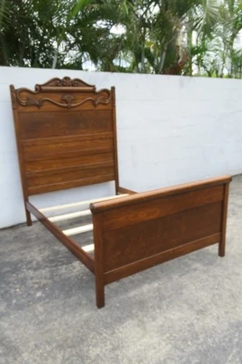 Early 1900s Phoenix Furniture Carved Oak Extra Tall Full Size Bed 6041 - Image 1 of 4