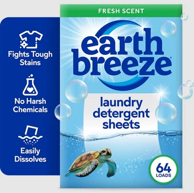 Earth Breeze Eco-Friendly Laundry Detergent Sheets – Fresh Scent, 32 Sheets (64