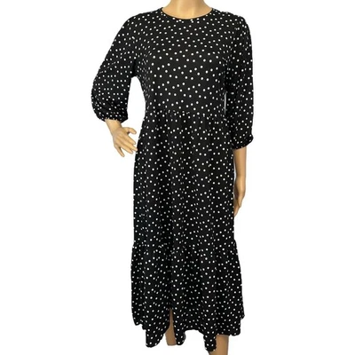 Vestido Zara Midi Lunares Negro Blanco Volantes Dobladillo Manga 3/4 Talla S Foto 1 de 4