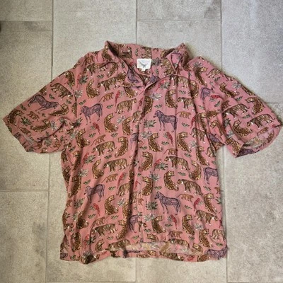 Sacred Hawk Pink Tiger AOP Short Sleeve Button Up Shirt Sz M Runs Large Vintage - Image 1 of 4