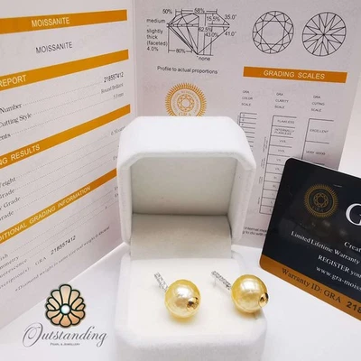 Japan Master Carved Pearl 0.5CT 5mm Moissanite Solitaire Earrings Hallmark PT950 - Image 1 of 4