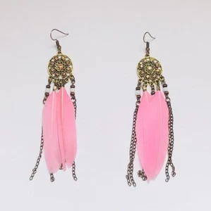 Stunning Baby Pnk Native American Dream Catcher Statement Drop Feather Earrings - Picture 1 of 1