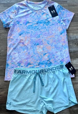 NWT Under Armour YLG Girls Aqua/Teal/Multi-Color Print Shorts Set Foto 1 de 4