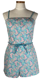 Vintage SEA WAVES women Floral Playsuit Beach Romper Blue Lined 8/10 - Picture 1 of 24