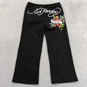 Ed Hardy Flared Sweatpants Womens XL Love Heart Wide Leg Y2K Black NWT - Picture 1 of 11