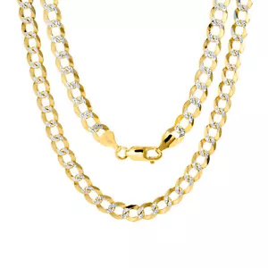 14K Yellow Gold 6mm Solid White Pave Diamond Cut Curb Cuban Chain Necklace 18" - Picture 1 of 10