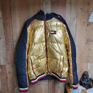 Tommy Hilfiger Gold Puffer Shiny 90s Y2K Winter Herbst Jacke Mantel mit Kapuze Large - Bild 1 von 15