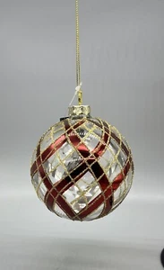 Clear Glass Ornament Red And Gold Glitter Plaid Pattern Round Shape B - Picture 1 of 2
