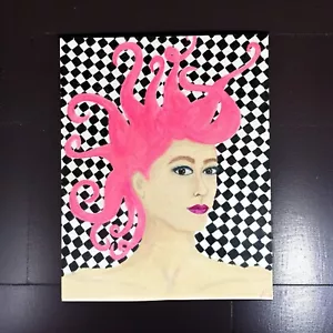 Weirdcore Salon Art School Girl with Pink Hair 80s Punk Rock Checkerboard 16x20 - Picture 1 of 7