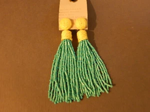 EARRINGS ANTHROPOLOGIE BEAD TASSELS BLUE GREEN DANGLE TWINE POST LONG NEW $44 - Picture 1 of 4