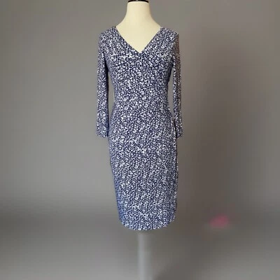 RALPH LAUREN Cleora Cobalt Blue Ditsy Floral Knit Sheath Faux Wrap Dress 2 $110 - Image 1 of 4