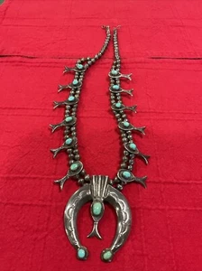 25” Native American Sterling & Turquoise Classic Squash Blossom Necklace 156.4g - Picture 1 of 9