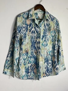 Camicetta top Chico's No Iron Boho Ikat patchwork con bottoni taglia 1 M (13 - Foto 1 di 13