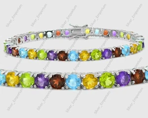 5 MM Round Natural Multi Gemstone 925 Sterling Silver Tennis Wedding Bracelet - Picture 1 of 10