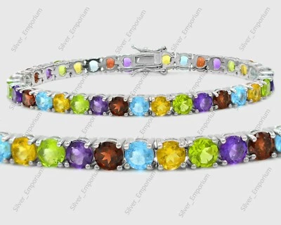 5 MM Round Natural Multi Gemstone 925 Sterling Silver Tennis Wedding Bracelet - Image 1 of 4