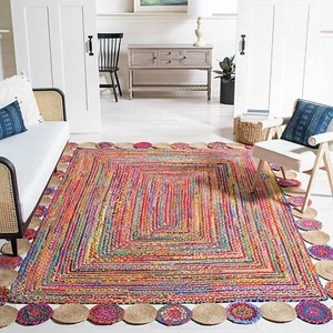Jute & Cotton Rugs Mix Hand Braided Farmhouse Runner Rectangle Area Rug Boho Rug - Picture 1 of 4