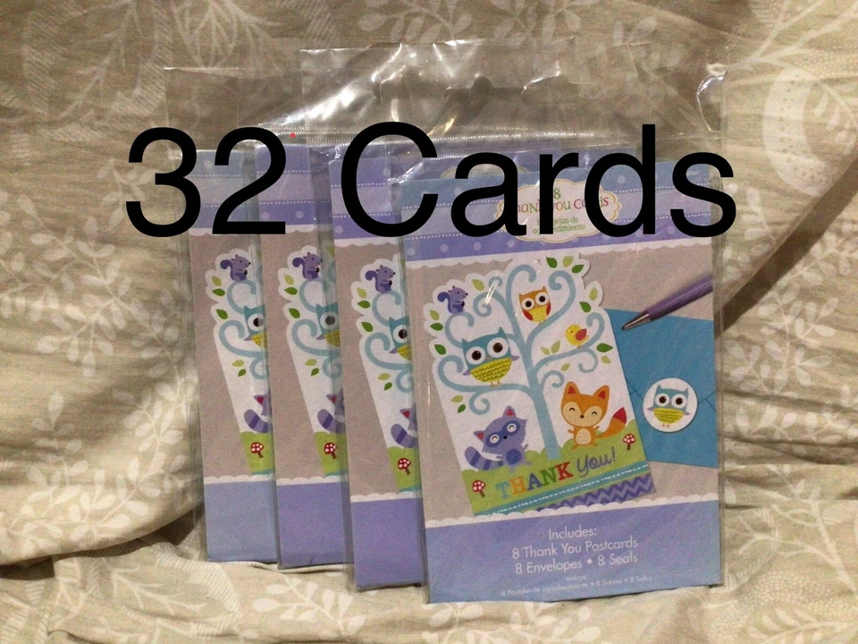 32 tarjetas de agradecimiento sobres azules pegatinas animales del bosque postales de 4" x 6" Foto 1 de 2