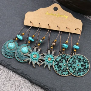 3 Pairs/Set Bohemian Boho Earrings Hook Drop Dangle - Teal, Starfish, Mandala #1 - Picture 1 of 2