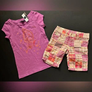 NWT Gap kids plaid Madras Bermuda shorts pink purple butterfly top t-shirt S 6 7 - Picture 1 of 5