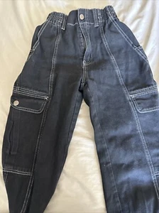 RSQ Youth Girls Size XL Black Denim Cargo Jeans Pants With Elastic Waist - Picture 1 of 4