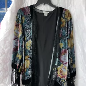 Giacca corta kimono burnout velluto Aris A misto seta rose taglia unica frange #mbc - Foto 1 di 15