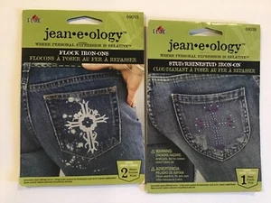 Karierte Jean-E-ology Flock & Stud Bügelbilder #69038 & #69015 2 Stück - NEU - Bild 1 von 4