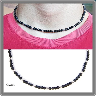 Collana da uomo in argento 925 girocollo sfere resina nera - Immagine 1 di 4