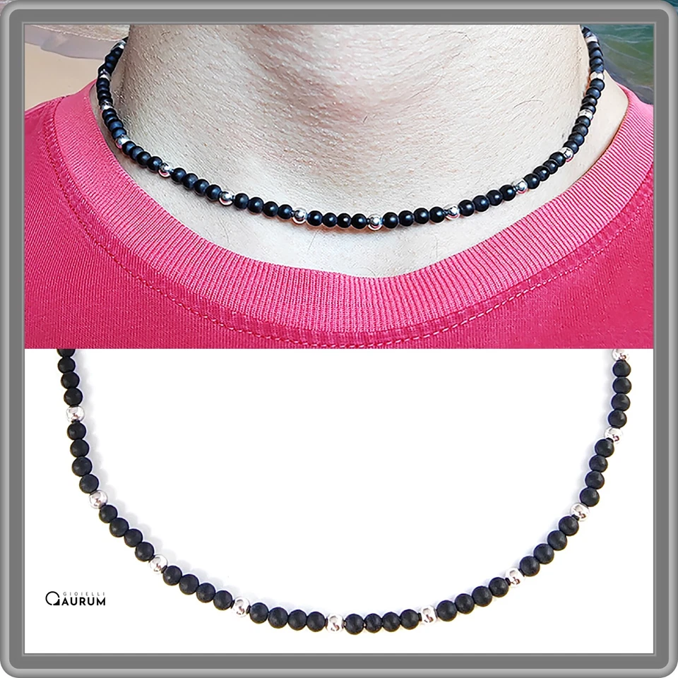 Collana da uomo in argento 925 girocollo sfere resina nera - Immagine 1 di 4
