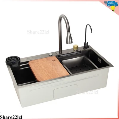 Fregadero de un solo cuenco de cocina cascada de acero inoxidable con grifo 31,5" Flying Rain Foto 1 de 4