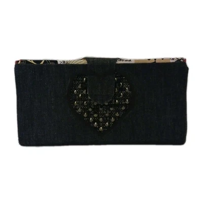 Cartera sin asas vaquera negra tachuelas corazón estampado asiático grullas azul oscuro jean Foto 1 de 4