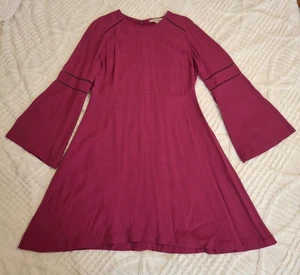 Ann Taylor Loft Size 6 Hot Pink Long Bell Sleeve Dress Zip Back Fuscia Flare - Picture 1 of 11