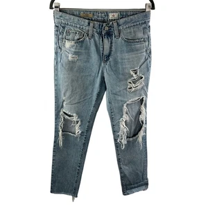 AG Jeans The Beau Slouchy Skinny Jeans Blue Distressed Destroyed Raw Hem Sz 26R - Picture 1 of 9