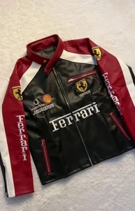 Ferrari Racing Leather Jacket Vintage style F1 Logo white Racing Leather Jacket - Picture 1 of 7