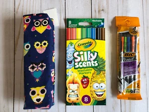 Owl Marker Case + Crayola Silly Scents Scented Markers 8 Pack + Bic Pencils - Picture 1 of 6