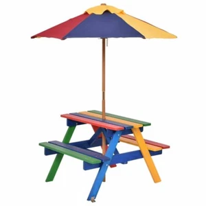 Kids Outdoor Picnic Table & 2 Benches Fir Wood Set W/ Removable Folding Umbrella - Picture 1 of 17