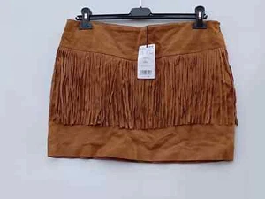 Mango Genuine Real Suede Mini Skirt With Fringe Detail Tan Brown UK Size 14 Bnwt - Picture 1 of 3