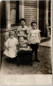 1910s RPPC Postcard Little Boys with Bowties Stroller Baby Unposted House - Picture 1 of 2
