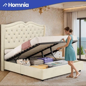 Queen Size Platform Bed Frame Hydraulic Lift Storage Upholster Velvet Headboard - Picture 1 of 11