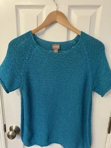 Chicos Open Knit Short Sleeve Sweater Linen Cotton Size 1 US Medium Turquoise - Picture 1 of 5