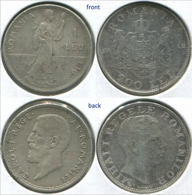 Romania 1914 1 Leu + 1942 200 Lei, two silver coins KM#42 + KM#63. C207 - Image 1 of 3