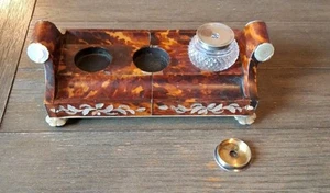 Antico Abalone Finto Tartaruga Cristallo Inchiostro Pozzo Coperchio Sterling XIX Secolo - Foto 1 di 18