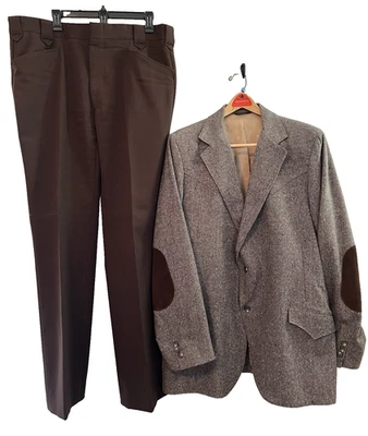 Traje Western Wear De Colección Años 70: Círculo S Pantalones Marrón y Chaqueta Tweed Parches en el Codo Foto 1 de 4