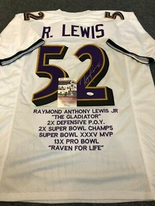 BALTIMORE RAVENS RAY LEWIS AUTOGRAPHED SIGNED STAT JERSEY JSA COA - Picture 1 of 3
